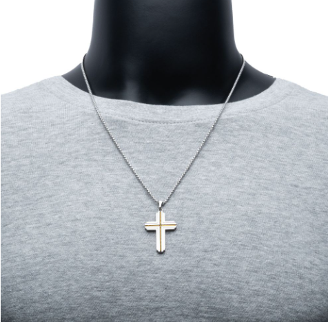 Gold IP Stainless Steel Rope Inlay Two-tone Cross Necklace