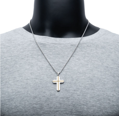 Gold IP Stainless Steel Rope Inlay Two-tone Cross Necklace
