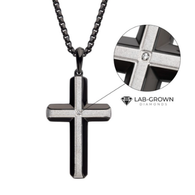 Black Ion-Plated Steel Brushed Finish Cross Necklace with Lab-Grown Diamond