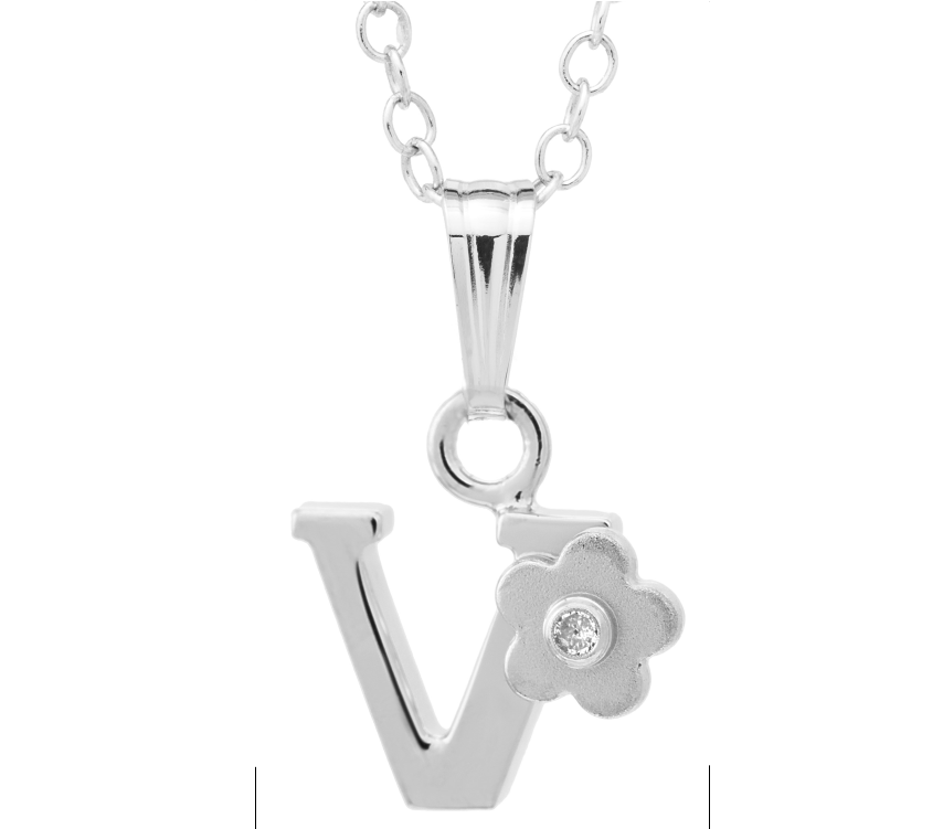Sterling Silver Inital Diamond Flower "V" Necklace with a 15in chain