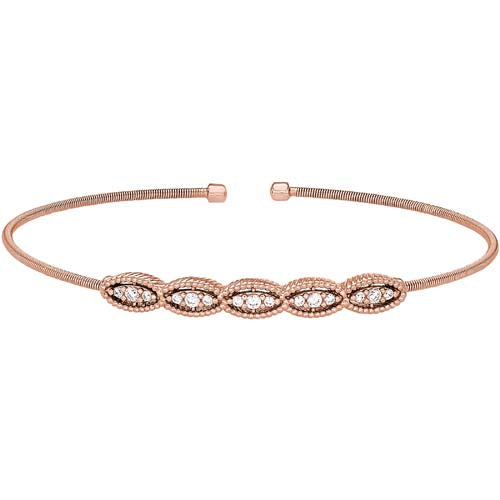 Rose Gold Finish SS Cable Cuff Bracelet with Five Simulated Diamond Marquise Shapes