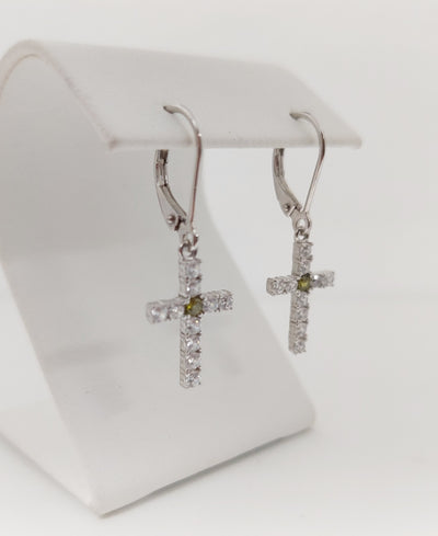 Silver Simulated Peridot/Diamond Cross Earrings
