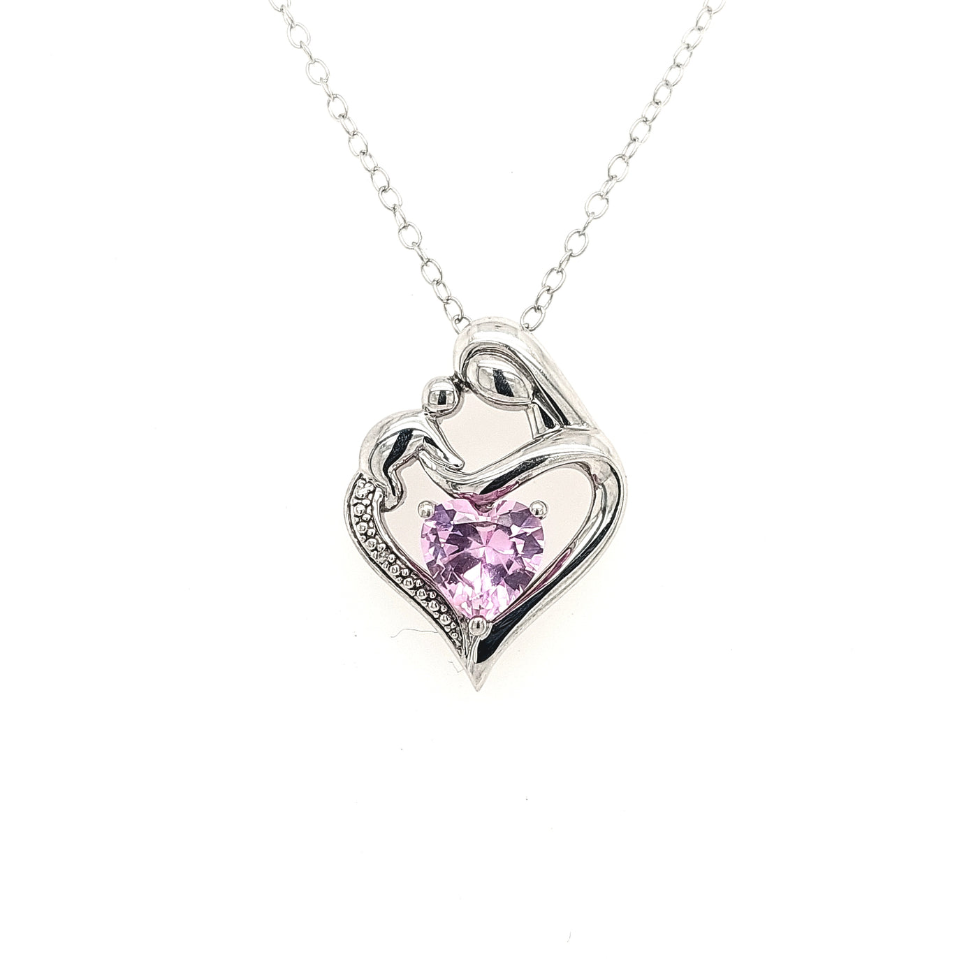 SS Mother & Child Pendant with Pink Heart Stone Necklace