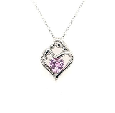 SS Mother & Child Pendant with Pink Heart Stone Necklace