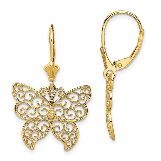 14K Yellow Butterfly with Beaded Filigree Wings Leverback Earrings