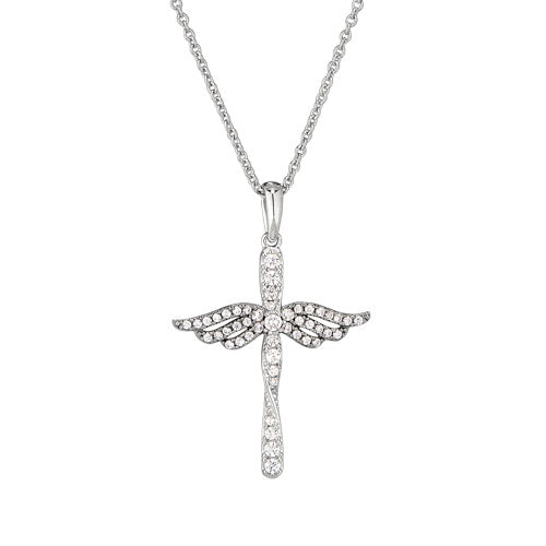 Platinum Finish SS Micropave CroSS with Black Rhodium Angel Wings on 16" - 18" Adjustable Chain