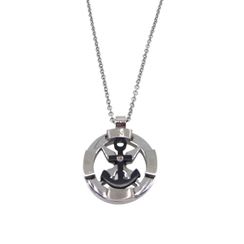 Stainless Steel Nautical Compass and Black Anchor W/Diamond in Center on 20" Chain