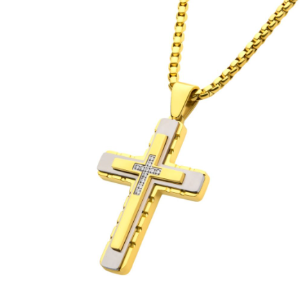 Stainless Steel Layered Cross Necklace with Lab-Grown Diamonds