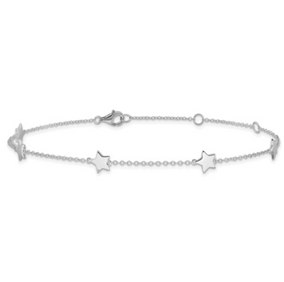 Sterling Silver Rhodium-plated Star Station Anklet (8.5in + 2in ext)