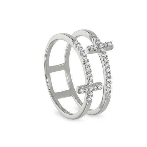 Platinum Finish Sterling Silver Micropave Double Cross Ring with Simulated Diamonds