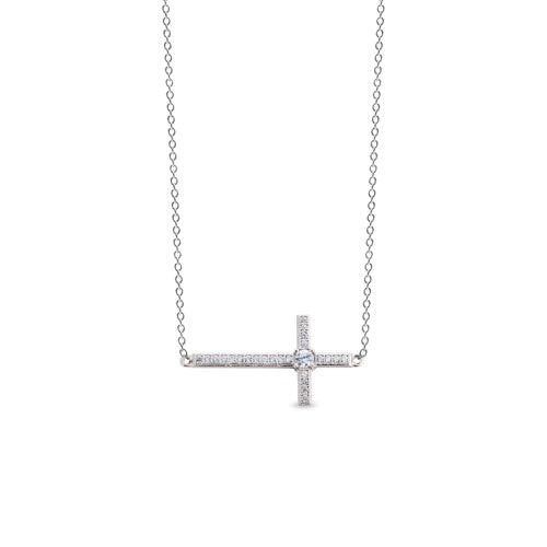 Platinum Finish Sterling Silver Micropave Sideways Cross Necklace
