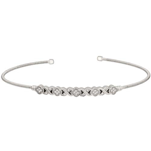 Rhodium Finish SS Cable Cuff Bracelet with Simulated Diamond XO Flower Design