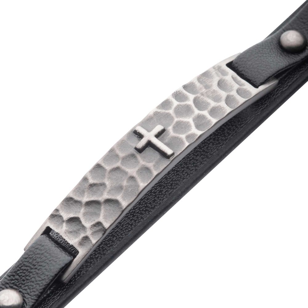 Black Leather & Stainless Cross Hammered ID Bracelet