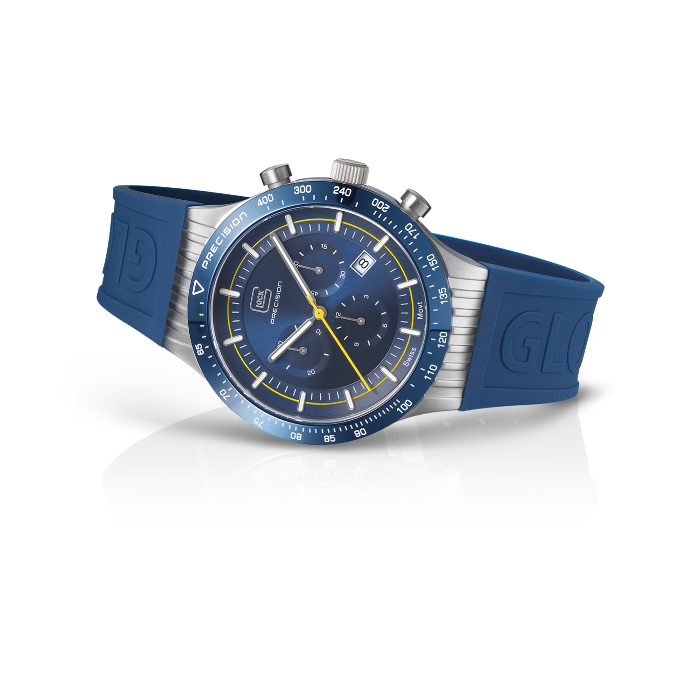 Gents Steel Glock Watch with Blue Dial/Chronodial and Blue Bezel