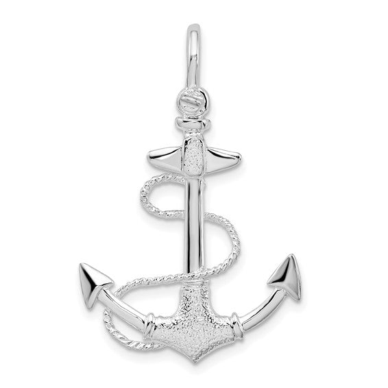 Sterling Silver Polished/Textured 3D Anchor with Rope Pendant