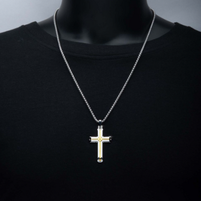 Stainless Steel and 18K Ion-Plated Cross Necklace with Lab-Grown Diamond Accent