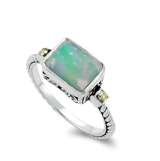 SS/18K Emerald Cut Ring with Opal