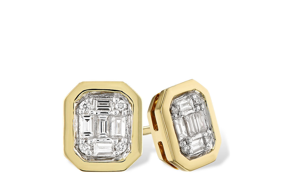 14K Yellow Gold Emerald-Shape Diamond Cluster Studs