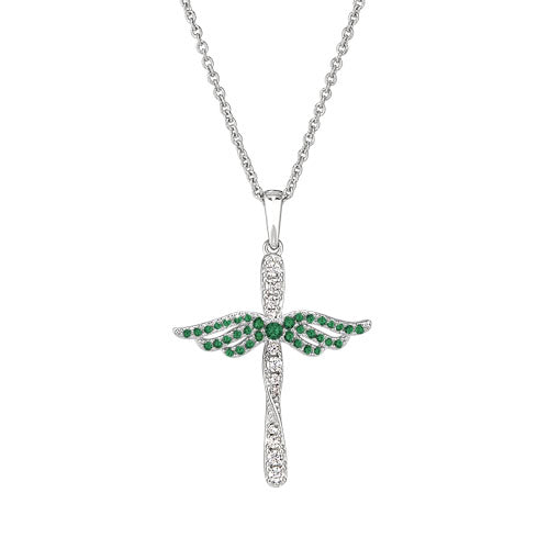Platinum Finish Sterling Silver Micropave Angel Wings Cross with Simulated Emeralds & Diamonds on 16" - 18" Adjustable Chain