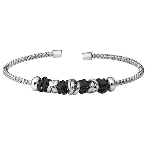 Rhodium Finish Sterling Silver Rounded Box Link Cuff Bracelet with Rhodium and Black Rhodium Finish Interlocked Rings