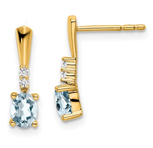 14K Oval Aquamarine and Diamond Dangle Earrings