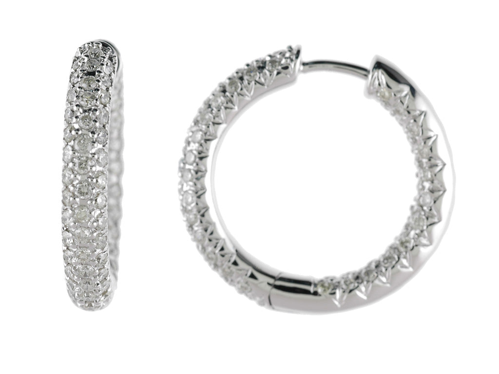 14K White Gold Inside-Outside Hoop Diamond Earring Pair 1.30ctTW