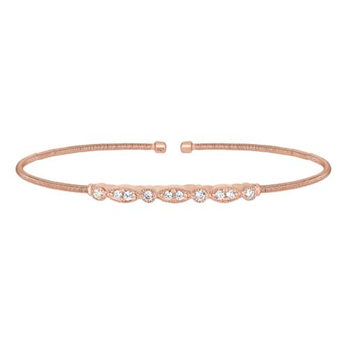 Rose Gold Finish SS Cable Cuff Bracelet with Simulated Diamond Marquis & Round Design