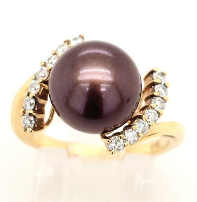 14K Yellow Gold Dyed Chocolate Freshwater Pearl & Diamond Ring