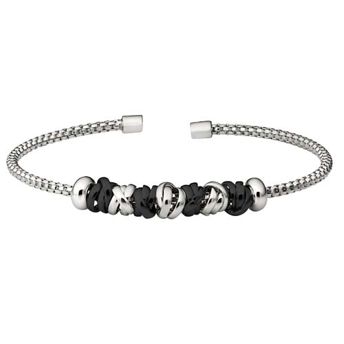 Rhodium Finish SS Rounded Box Link Cuff Bracelet with Rhodium and Black Rhodium Finish Interlocked Rings