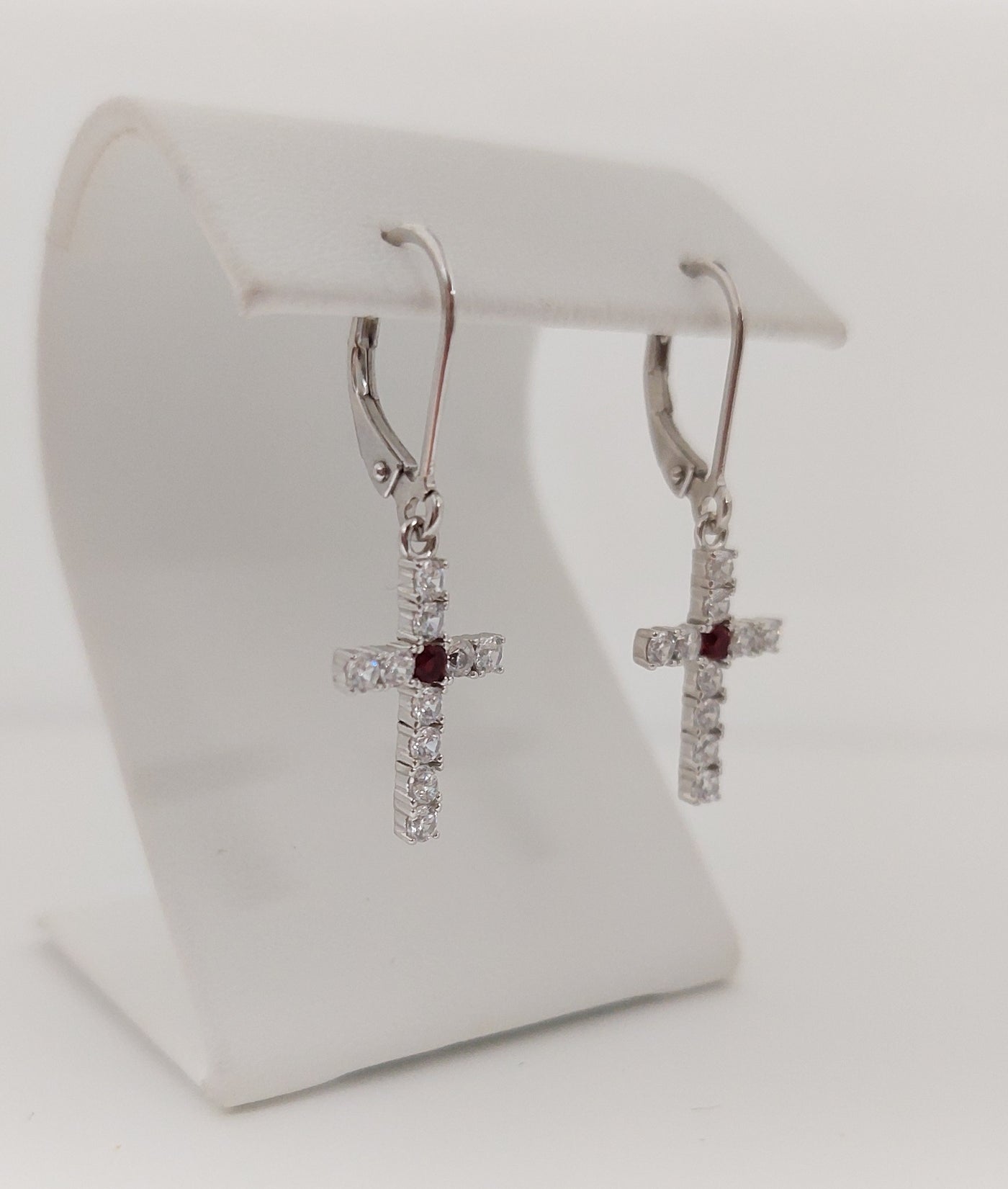 Silver Simulated July/Diamond Cross Earrings