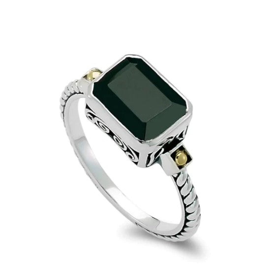 SS/18K Emerald Cut Ring with Black Spinel