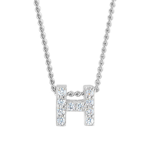 Platinum Finish SS Micropave H Initial Pendant with Simulated Diamonds on 18" Curb Chain