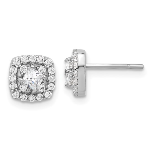 Sterling Silver Round and Princess-cut Cubic Zirconia Halo Earrings