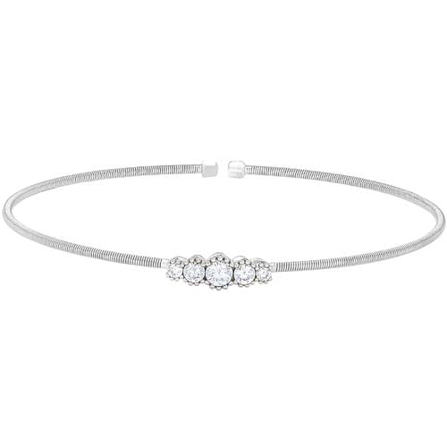 Rhodium Finish SS Cable Cuff Bracelet with Graduated Five Stone Simulated Diamonds