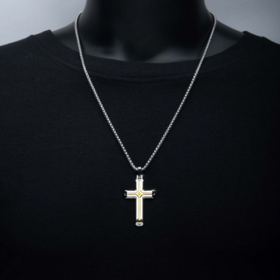 StainleSS Steel and 18K Ion-Plated CroSS Necklace with Lab-Grown Diamond Accent
