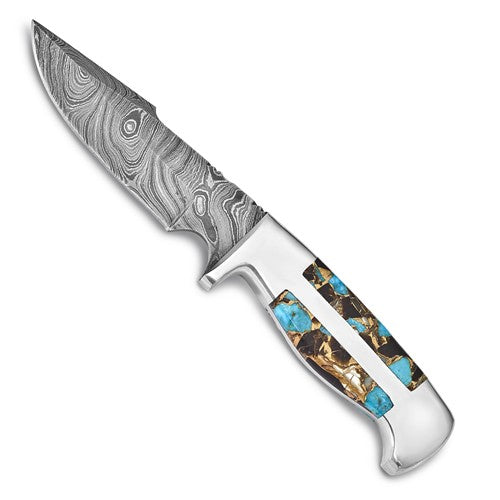 Damascus Steel 256 Layer Fixed Blade Turquoise/AbaloneShell/Obsidian Handle Knife