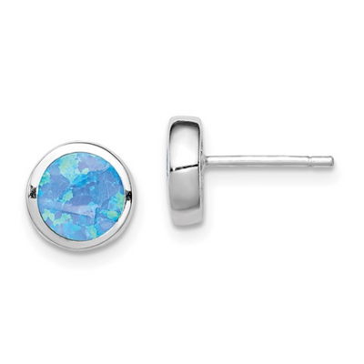 Sterling Silver Lab-Created Round Blue Opal Stud Earrings
