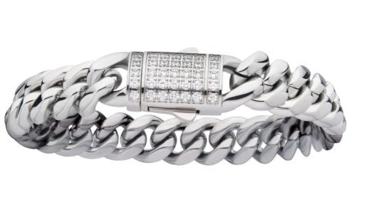 12mm Steel Miami Cuban Chain Bracelet with CNC Precision Set CZ Double Tab Box Clasp