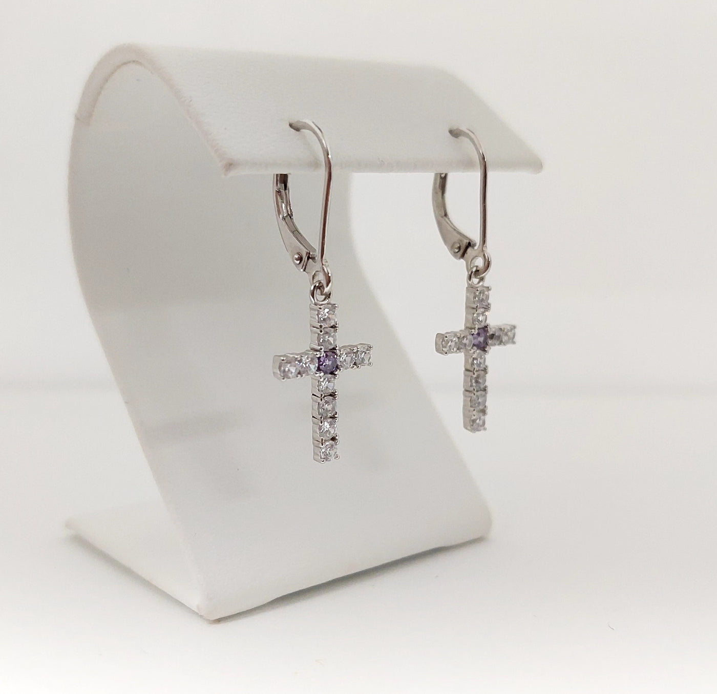 Silver Simulated Amethyst/Diamond Cross Earrings