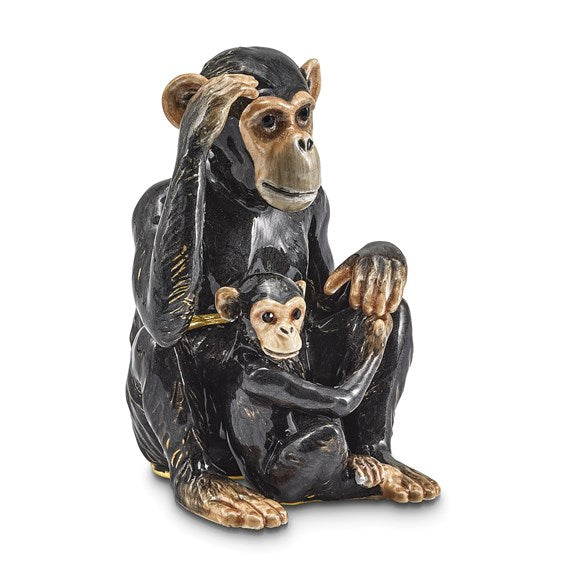 Bejeweled "Chia and Chi Chi" Chimpanzee and Baby Trinket Box with Matching Necklace