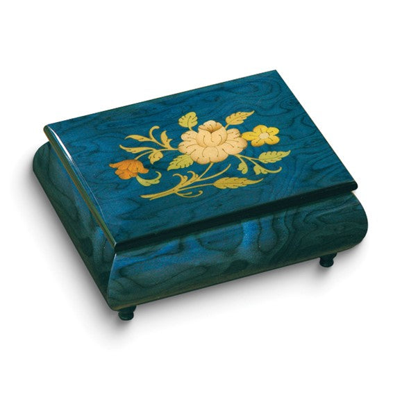 Blue Floral Inlay Wooden Music Box