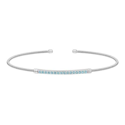 Rhodium Finish SS Cable Cuff Bracelet with Simulated Aquamarine Birth Gems - March