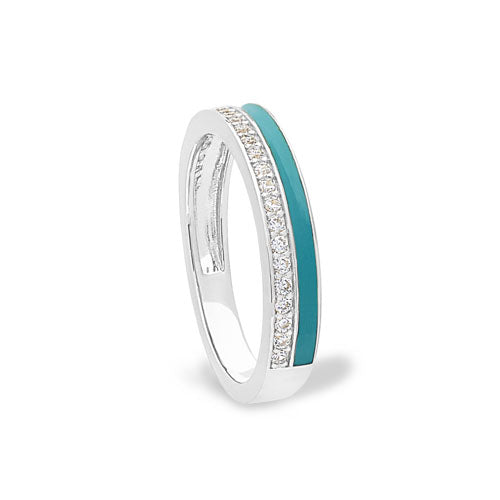 Platinum Finish Sterling Silver Micropave Ring withTurquoise Enamel and Simulated Diamonds Size:8