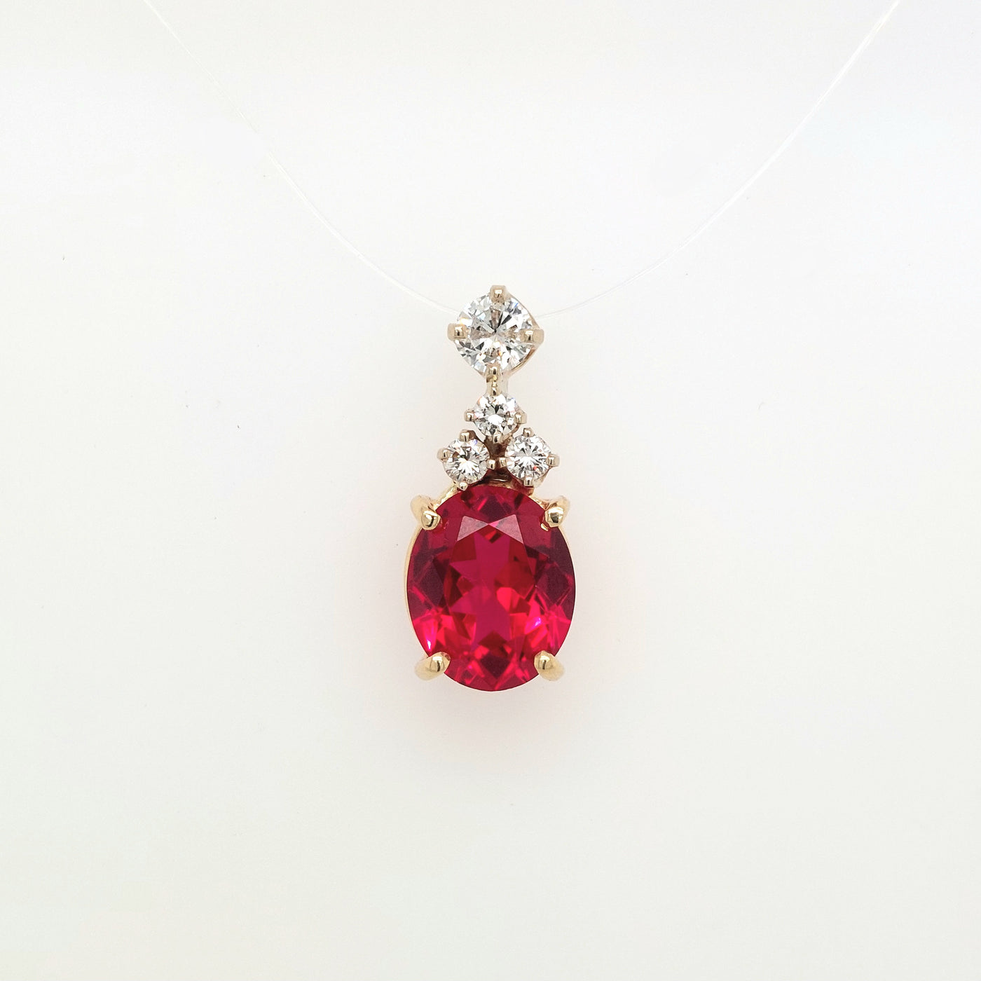 14K Yellow Gold Oval 11x9mm Lab-Grown Ruby Pendant w/ approx. 0.59ctTW H-I/SI1 Diamond Accents 2.6g