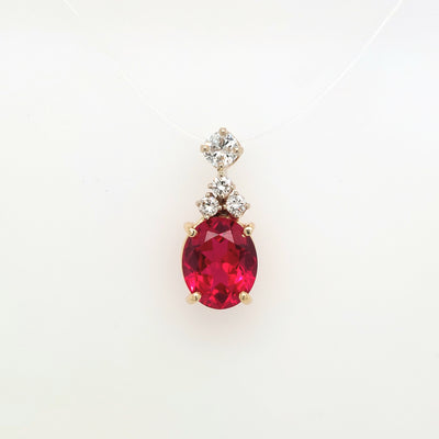 14K Yellow Gold Oval 11x9mm Lab-Grown Ruby Pendant w/ approx. 0.59ctTW H-I/SI1 Diamond Accents 2.6g