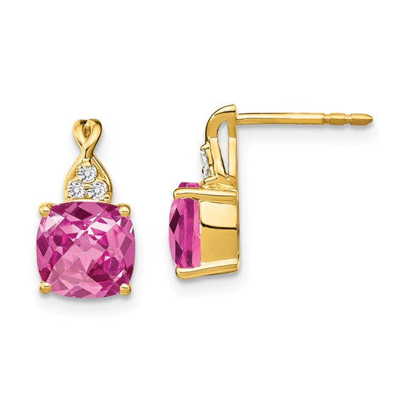 14K Yellow Gold Checkerboard Created Pink Sapphire and Diamond Earring Pair