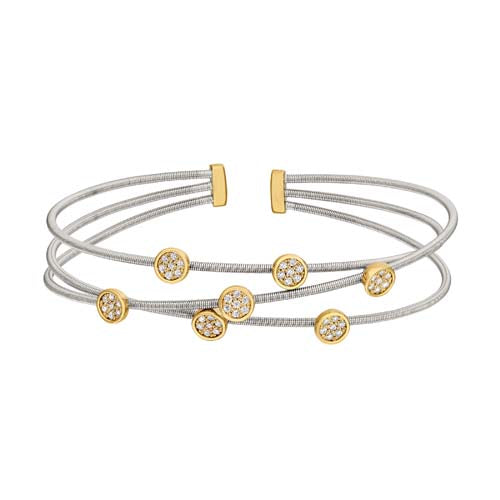 Rhodium Finish SS Three Cable Cuff Bracelet with Gold Finish Simulated Diamond Small Circles
