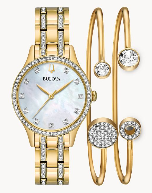 Lady's Gold Tone Bulova "Crystal" Watch and Bracelet Gift Set