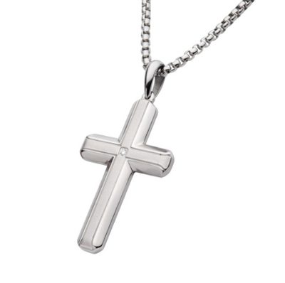 Stainless Steel Brushed Finish Cross Necklace with Lab-Grown Diamond