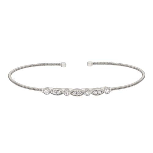Rhodium Finish SS Cable Cuff Bracelet with Simulated Diamond Marquis & Round Design